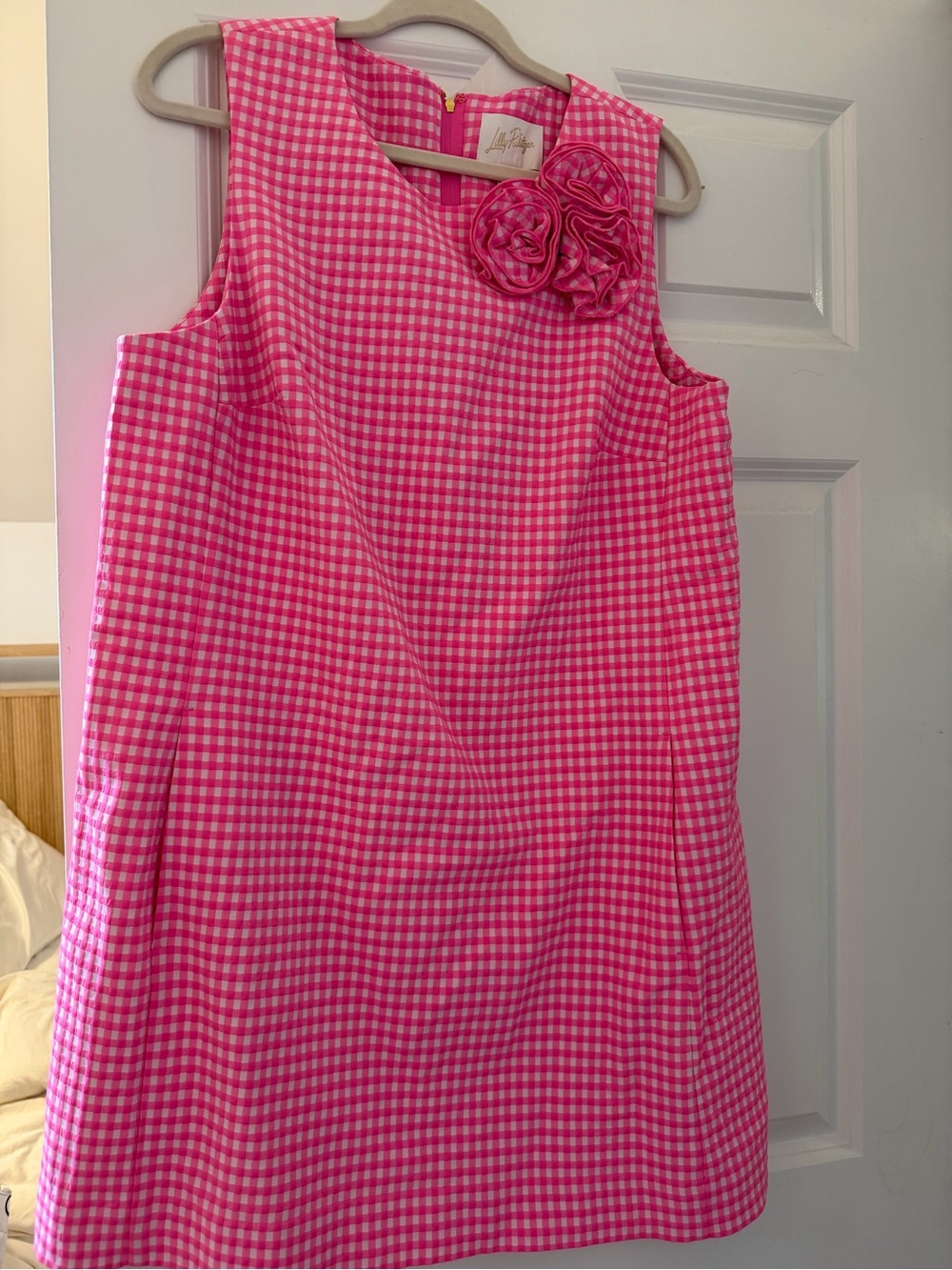 Lilly Pulitzer Hot Pink and White Gingham Dress with Rosette Appliqué